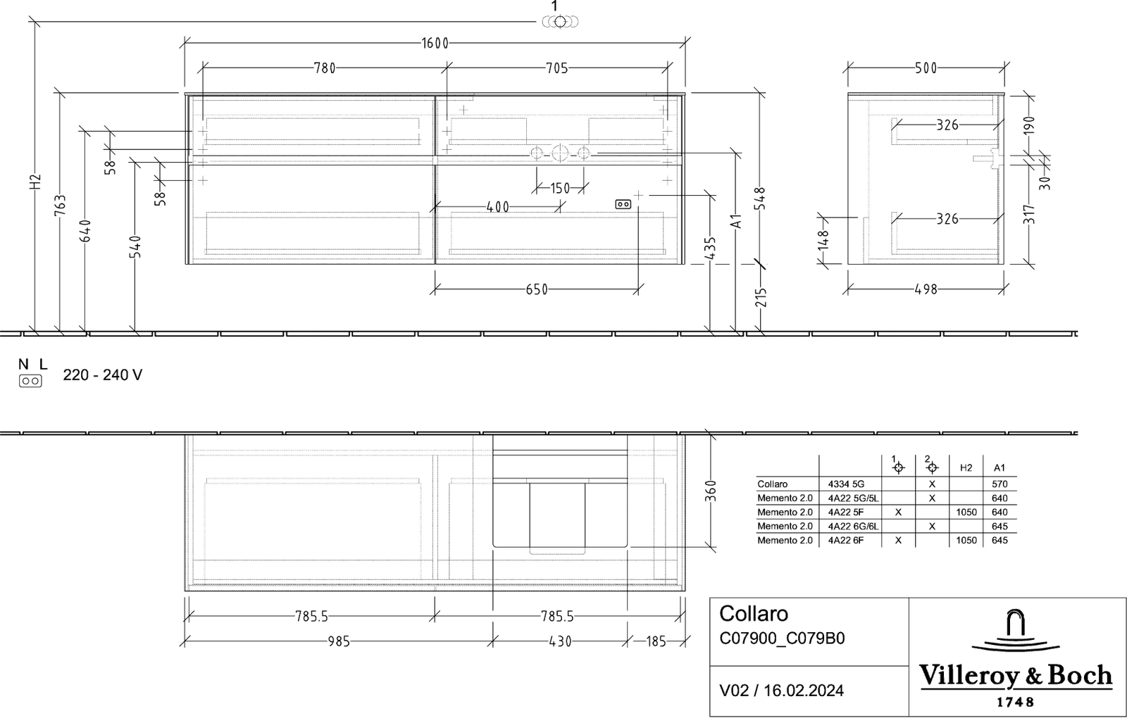 V&B Waschtischunterschrank Collaro 160x54,8x50cm, Waschtisch rechts, LED-Beleuchtung 12W, white wood