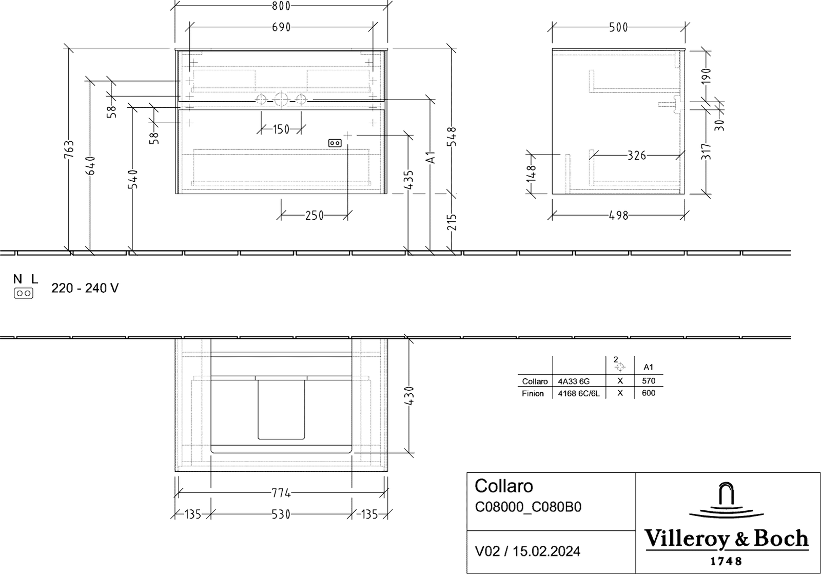 V&B Waschtischunterschrank Collaro 80x54,8x50cm, Waschtisch mittig, truffle grey