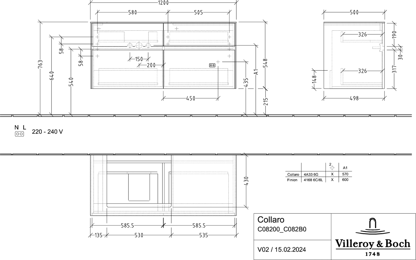 V&B Waschtischunterschrank Collaro 120x54,8x50cm, Waschtisch links, black matt laquer