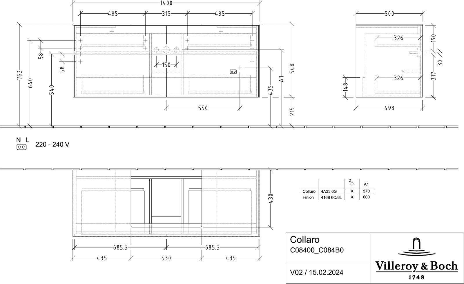 V&B Waschtischunterschrank Collaro 140x54,8x50cm, Waschtisch mittig, LED-Beleuchtung 10,4 W, white wood