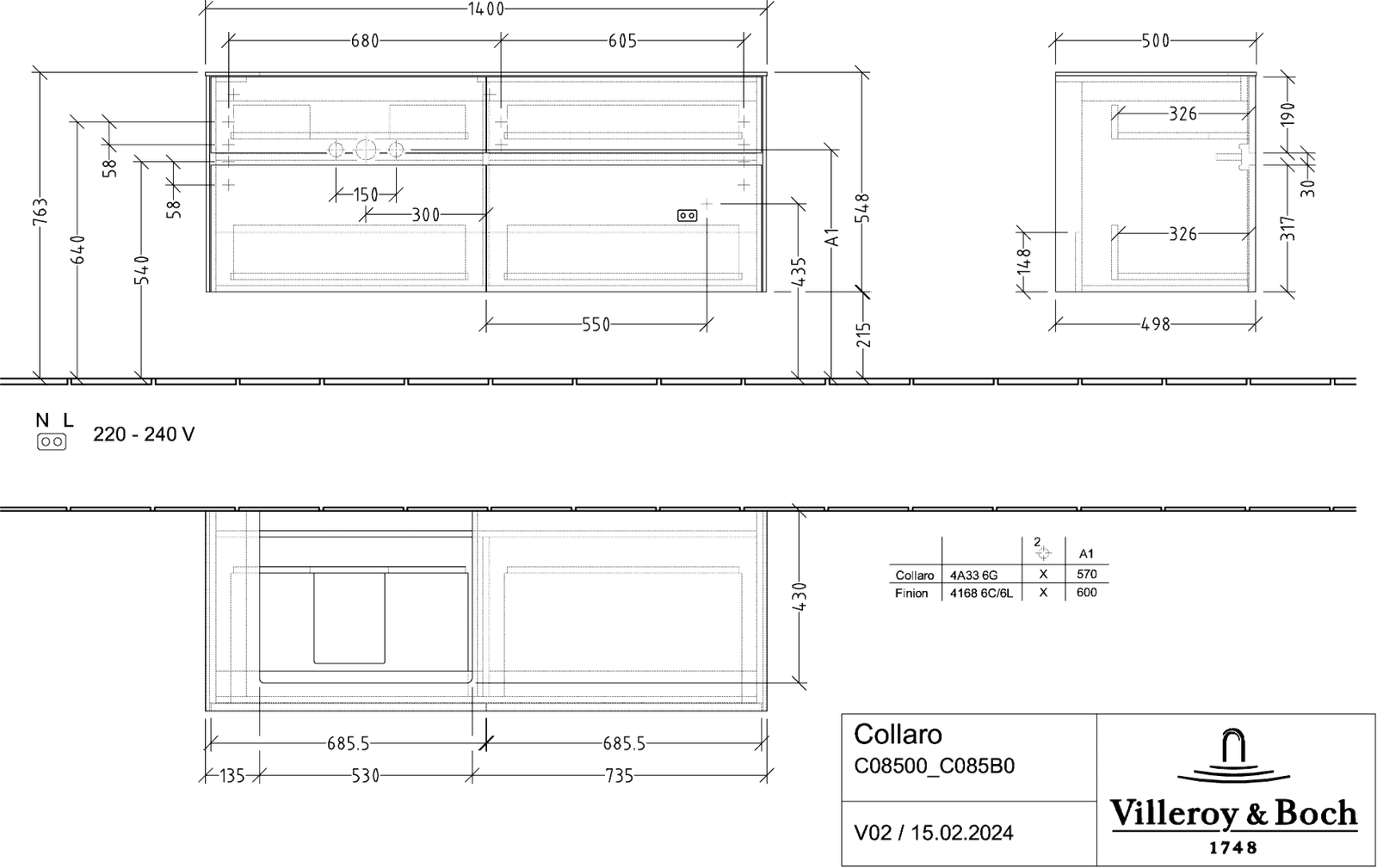 V&B Waschtischunterschrank Collaro 140x54,8x50cm, Waschtisch links, white wood