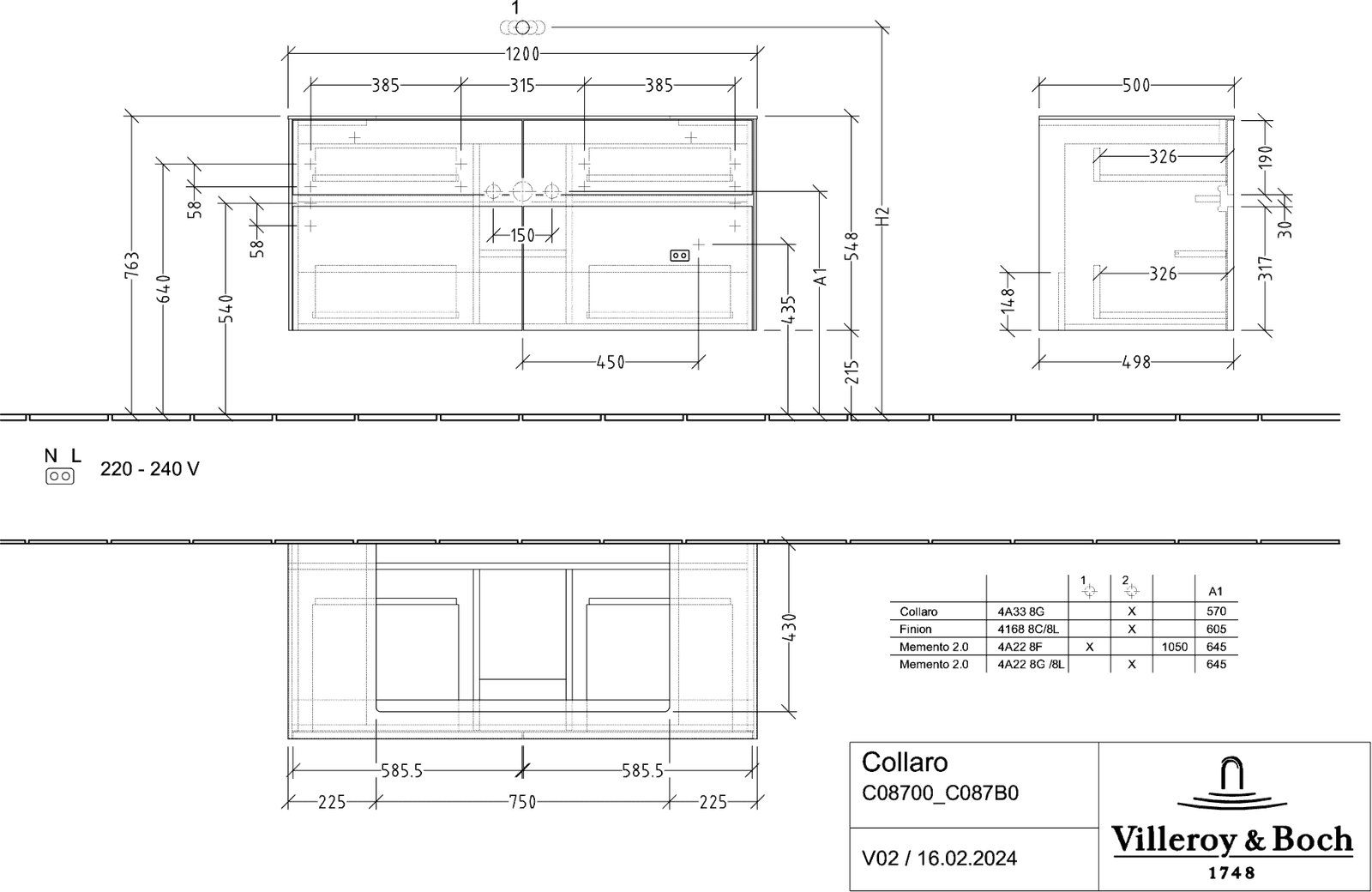 V&B Waschtischunterschrank Collaro 120x54,8x50cm, Waschtisch mittig, LED-Beleuchtung 8,8 W, soft grey