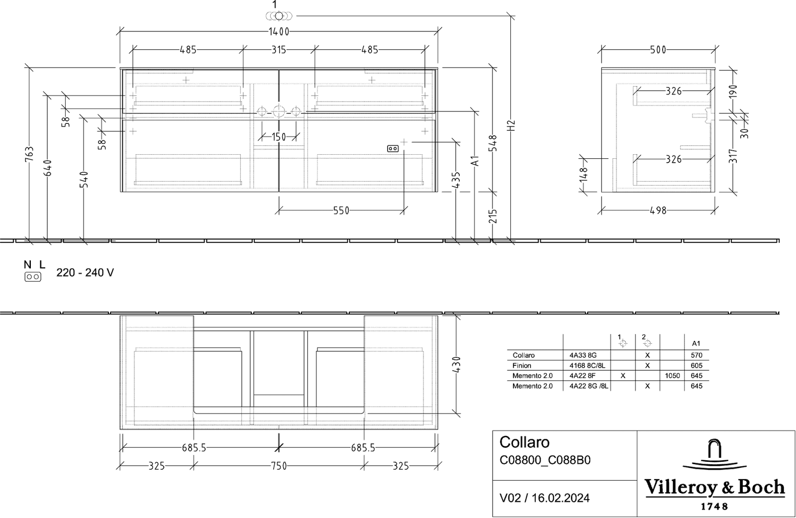 V&B Waschtischunterschrank Collaro 140x54,8x50cm, Waschtisch mittig, LED-Beleuchtung 10,4 W, white wood