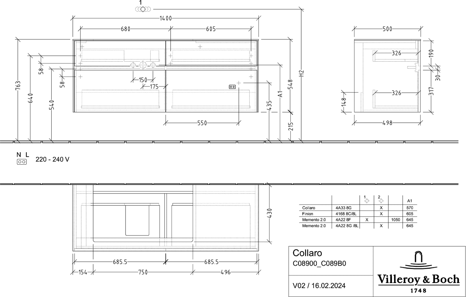 V&B Waschtischunterschrank Collaro 140x54,8x50cm, Waschtisch links, white wood