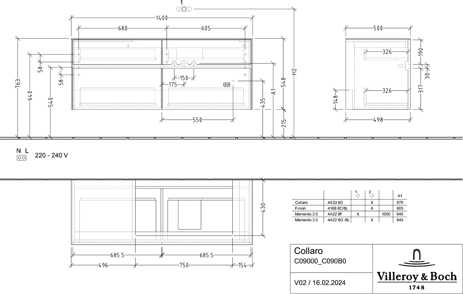 V&B Waschtischunterschrank Collaro 140x54,8x50cm, Waschtisch rechts, mit LED-Beleuchtung, white wood