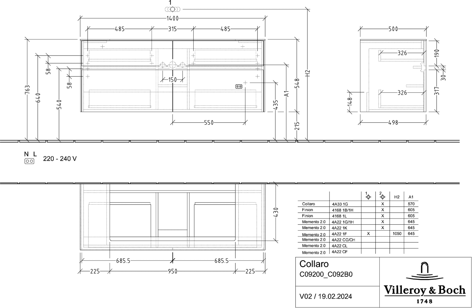 V&B Waschtischunterschrank Collaro 140x54,8x50cm, Waschtisch mittig, black matt laquer