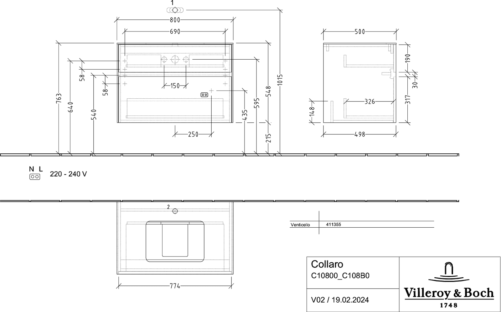 V&B Waschtischunterschrank Collaro 80x54,8x50cm, Waschtisch mittig, white matt