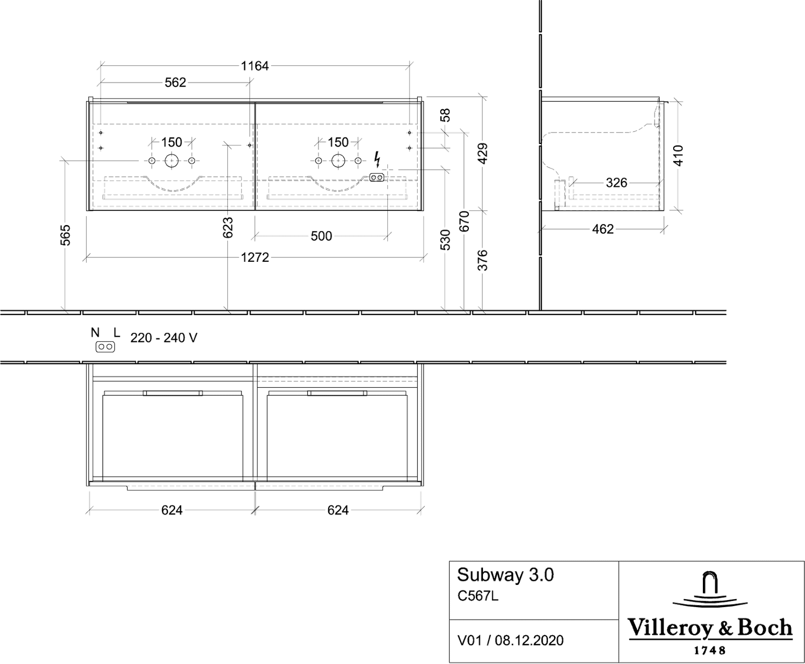 V&B Waschtisch-Unterschrank Subway 3.0 127,2x42,9x47,8cm, mit LED/Griff Aluminium glänzend, volcano black