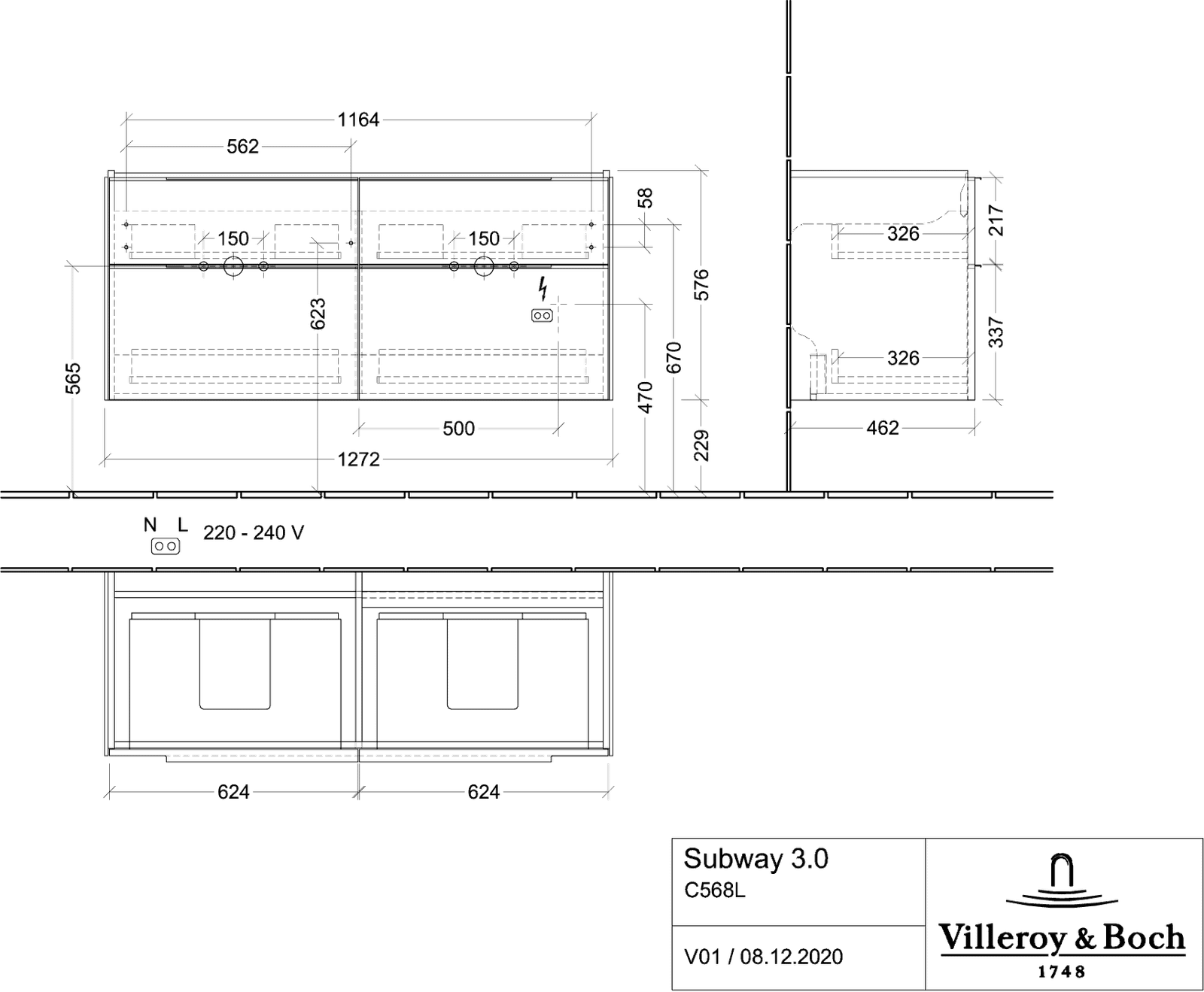 V&B Waschtisch-Unterschrank Subway 3.0 127,2x56,6x47,8cm, mit LED/Griff Aluminium glänzend, stone oak