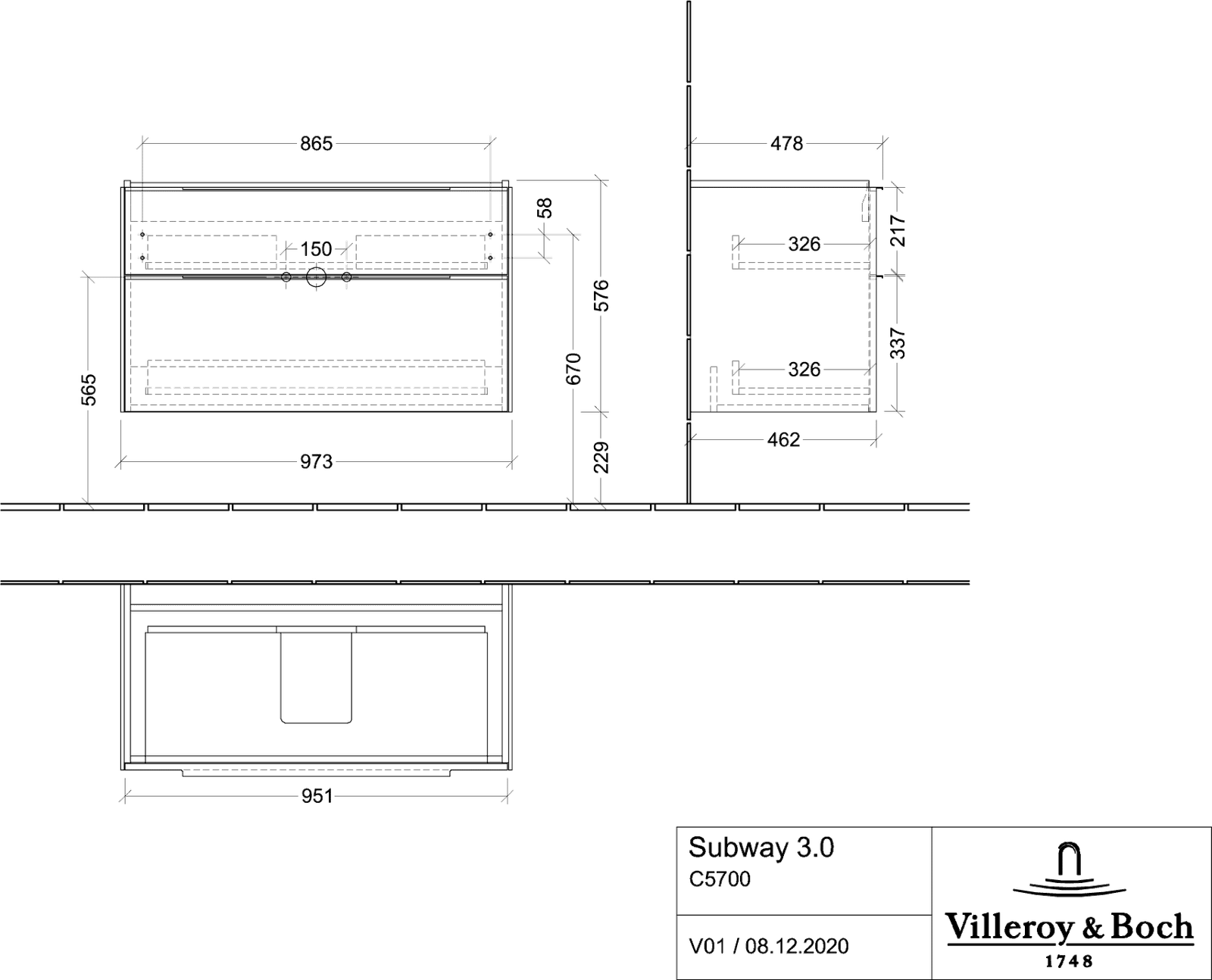 V&B Waschtisch-Unterschrank Subway 3.0 97,3x57,6x47,8cm, ohne LED/Griff Volcano black, pure white