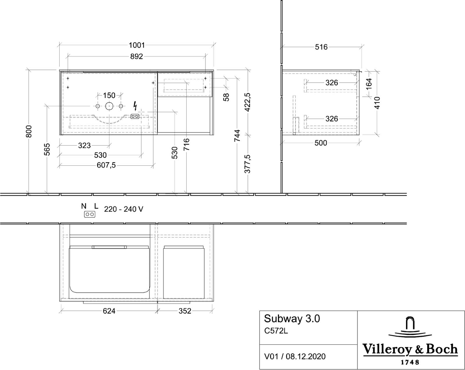 V&B Waschtisch-Unterschrank Becken links Subway 3.0 100,1x42,25x51,6cm, mit LED/Griff Aluminium glänzend, pure white