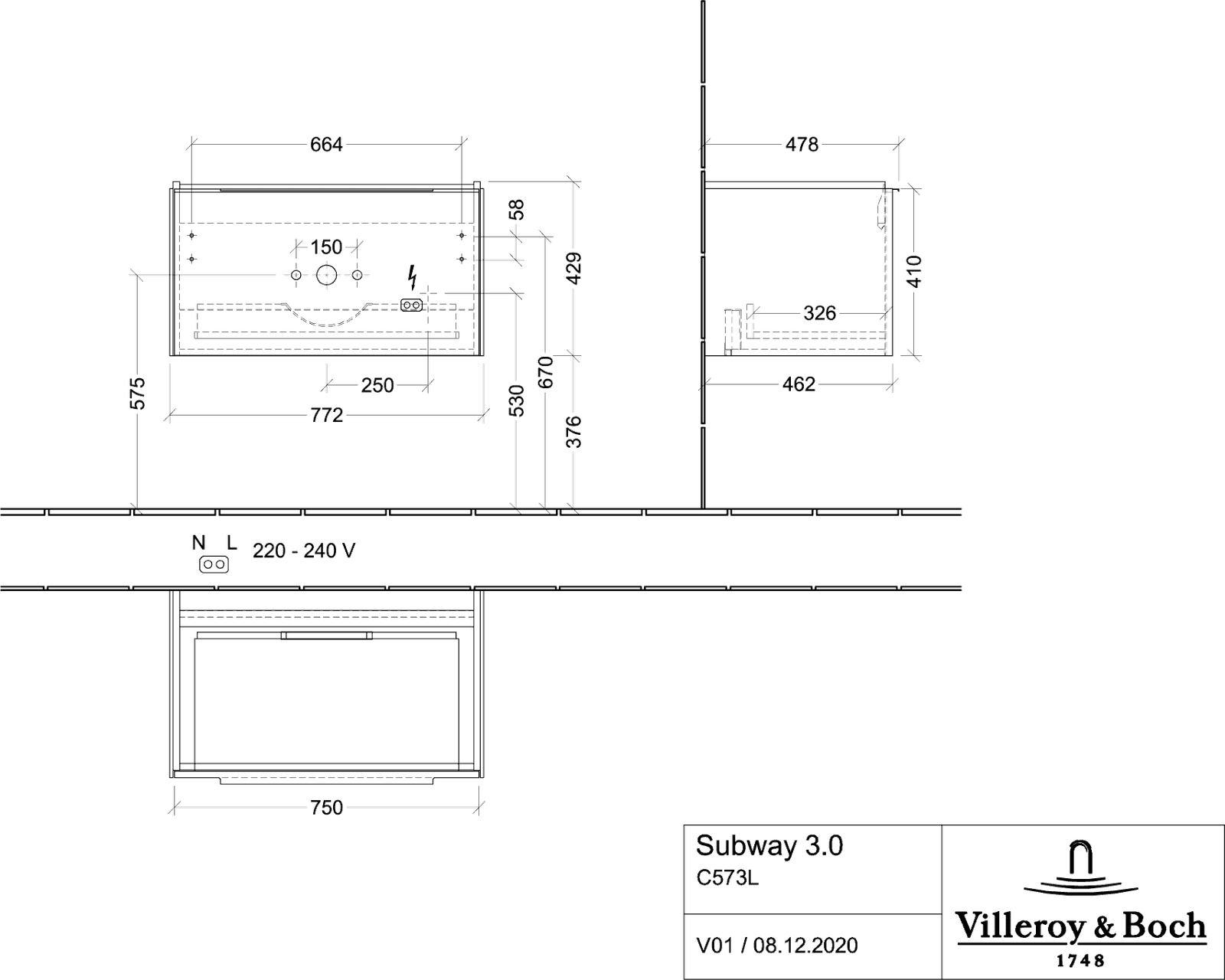 V&B Waschtisch-Unterschrank Subway 3.0 77,2x42,9x47,8cm, mit LED/Griff Aluminium glänzend, volcano black