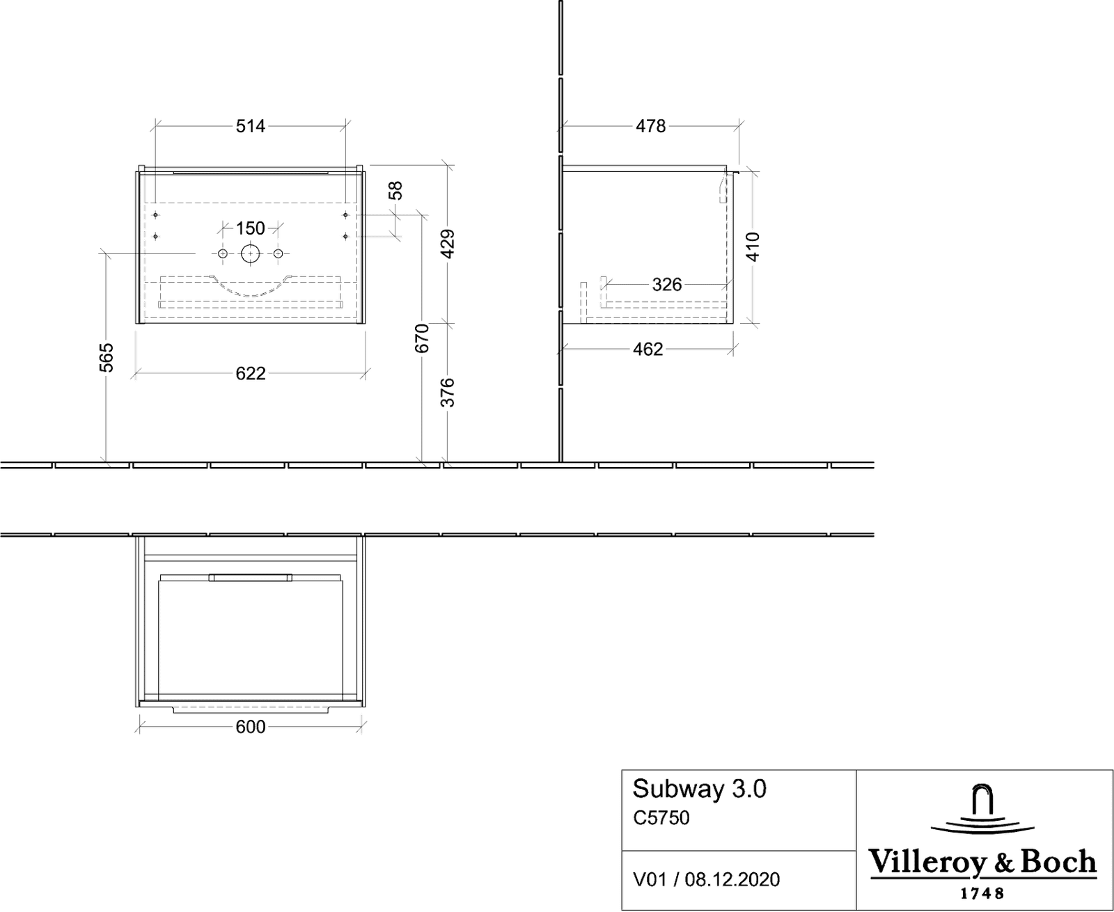 V&B Waschtisch-Unterschrank Subway 3.0 62,2x42,9x47,8cm, ohne LED/Griff Volcano black, pure white