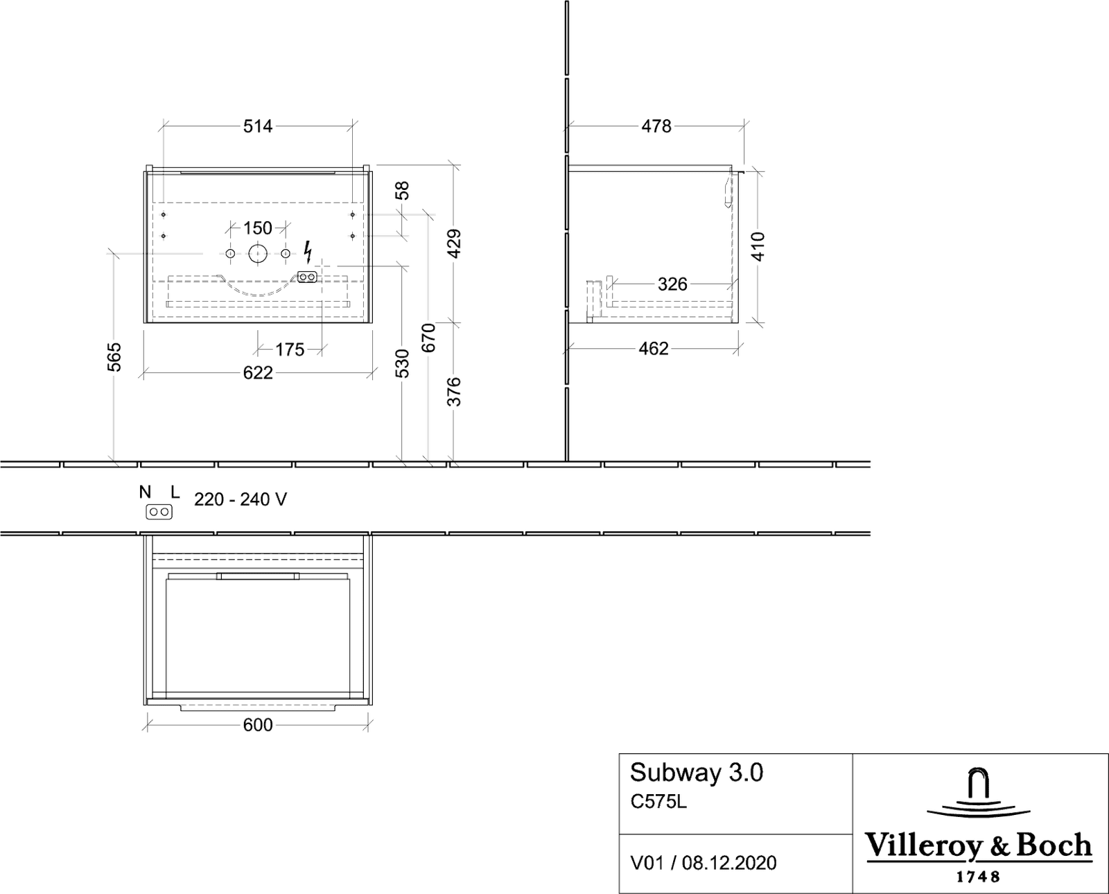 V&B Waschtisch-Unterschrank Subway 3.0 62,2x42,9x47,8cm, mit LED/Griff Aluminium glänzend, arizona oak