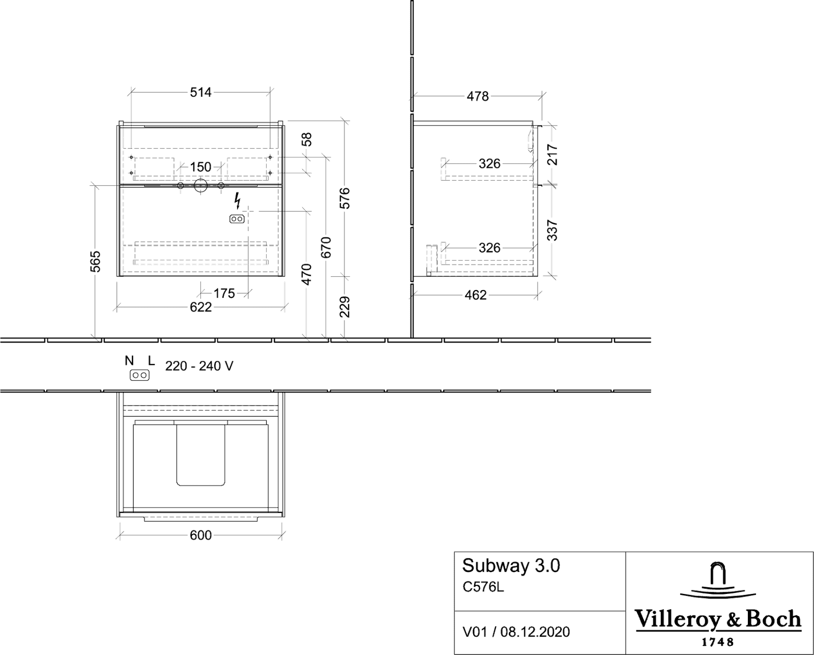 V&B Waschtisch-Unterschrank Subway 3.0 62,2x57,6x47,8cm, mit LED/Griff Aluminium glänzend, marine blue