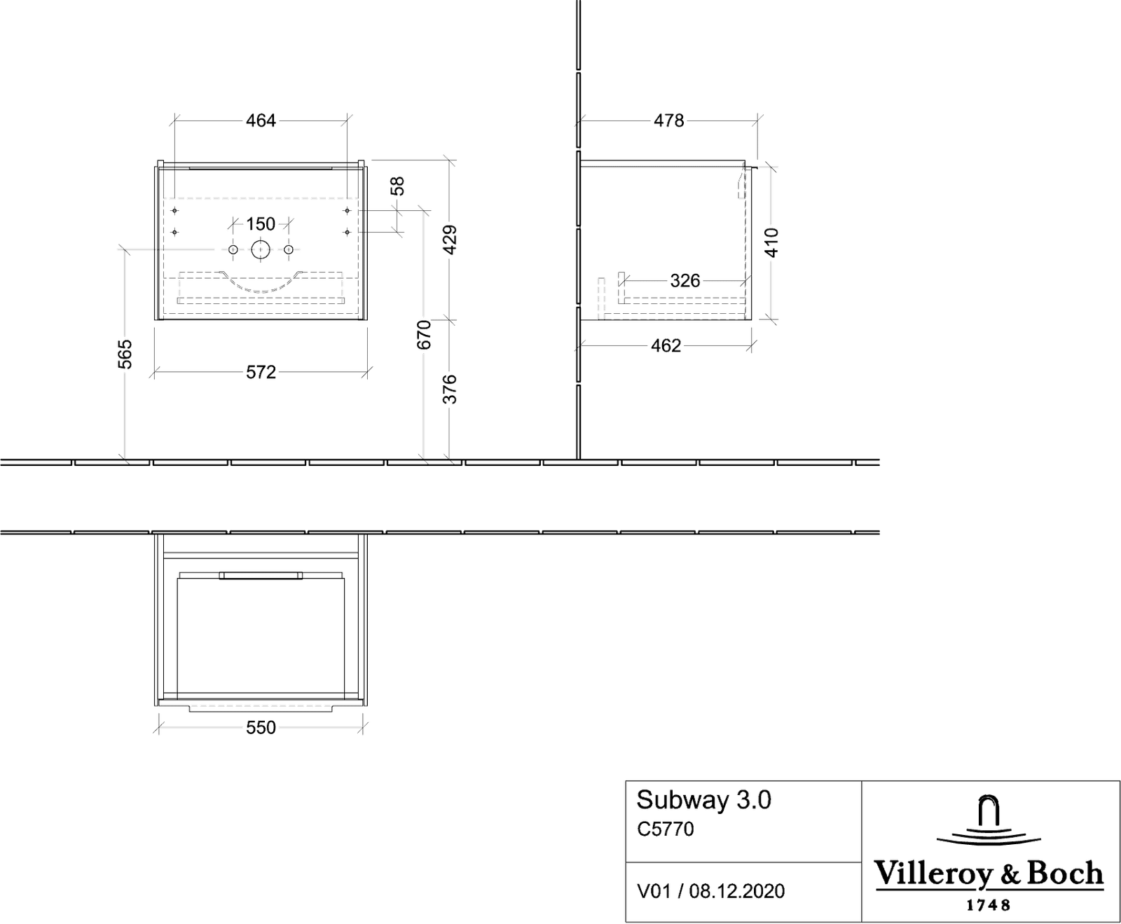 V&B Waschtisch-Unterschrank Subway 3.0 57,2x42,9x47,8cm, ohne LED/Griff Volcano black, volcano black