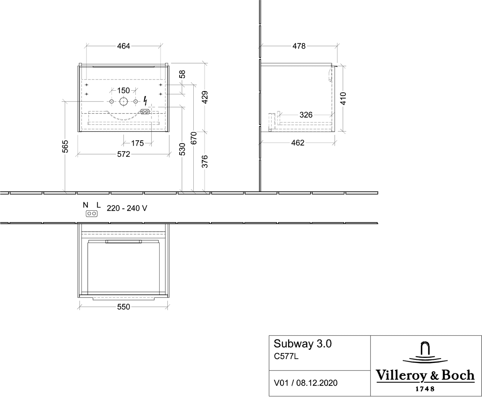 V&B Waschtisch-Unterschrank Subway 3.0 57,2x42,9x47,8cm, mit LED/Griff Volcano black, volcano black