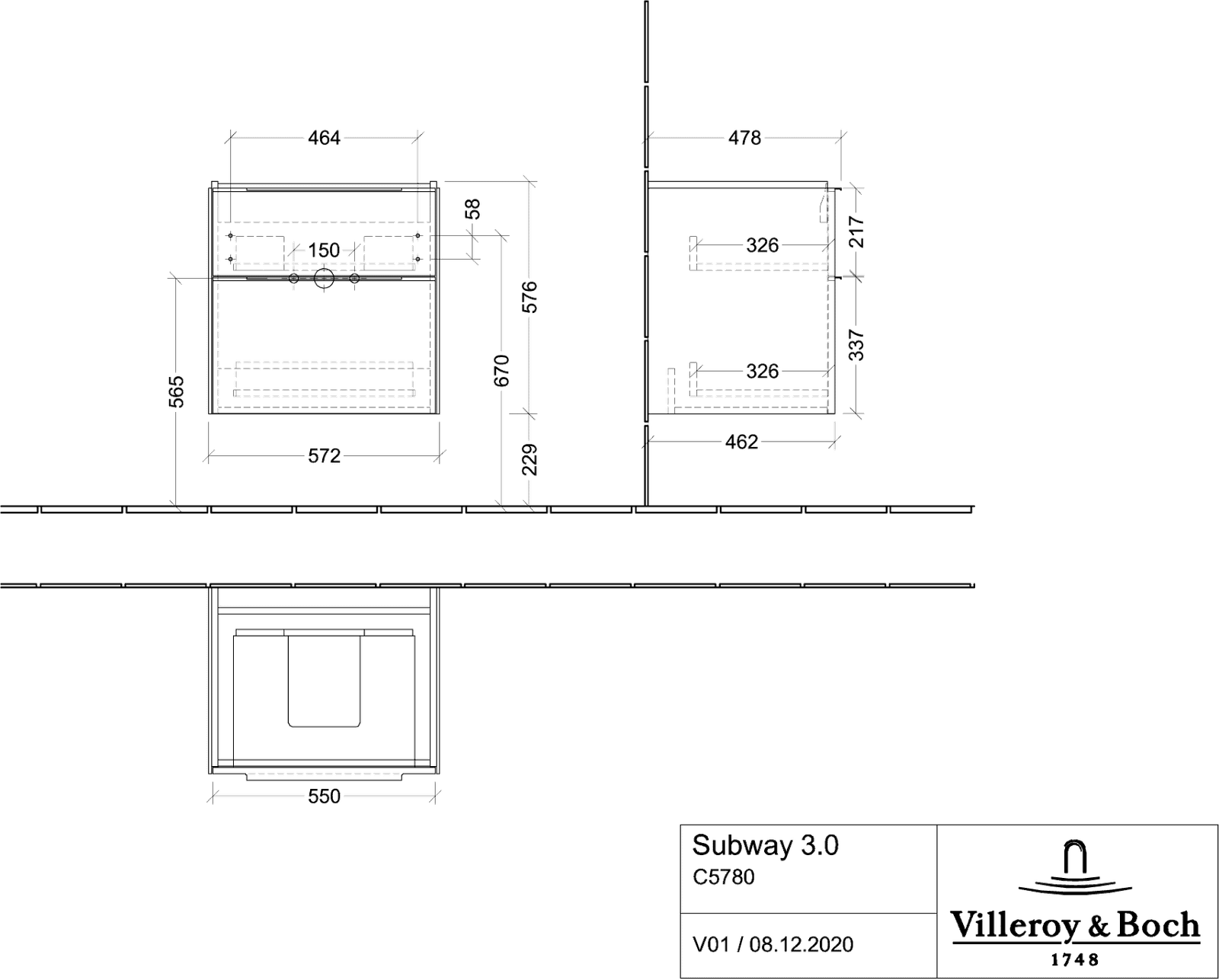 V&B Waschtisch-Unterschrank Subway 3.0 57,2x57,6x47,8cm, ohne LED/Griff Volcano black, pure white