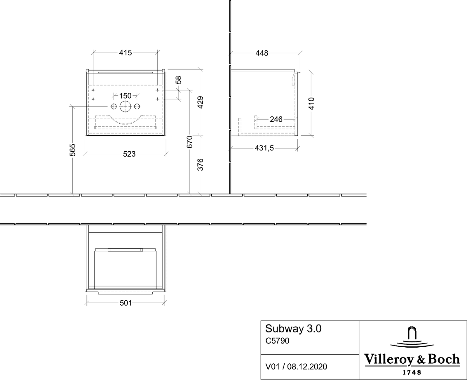 V&B Waschtisch-Unterschrank Subway 3.0 52,3x42,9x44,8cm, ohne LED/Griff Volcano black, nordic oak