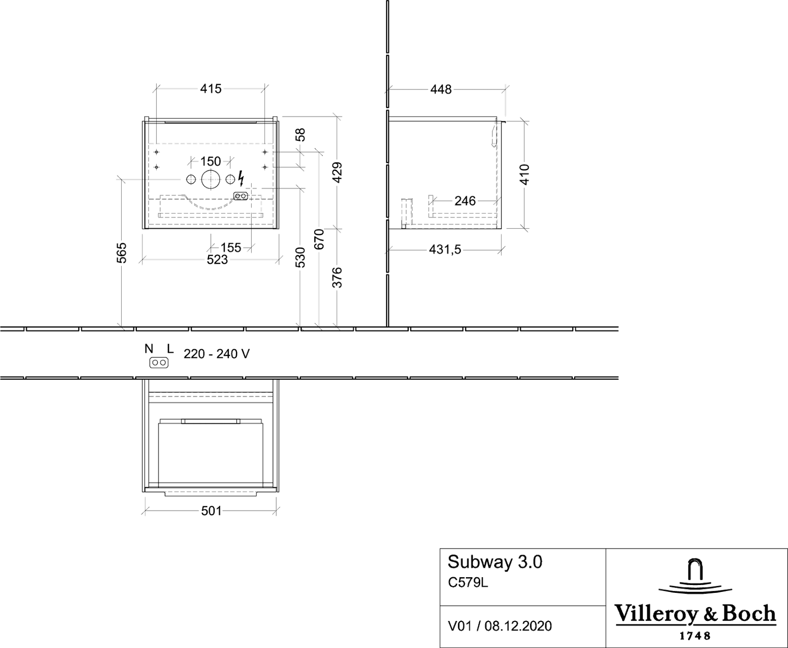 V&B Waschtisch-Unterschrank Subway 3.0 52,3x42,9x44,8cm, mit LED/Griff Volcano black, arizona oak