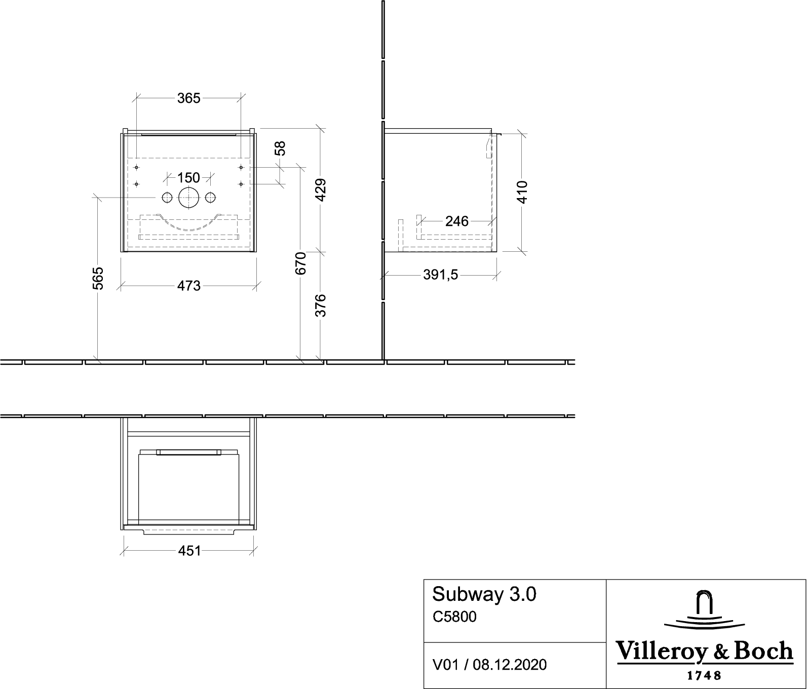 V&B Waschtisch-Unterschrank Subway 3.0 47,3x42,9x40,8cm, ohne LED/Griff Aluminium glänzend, brilliant white