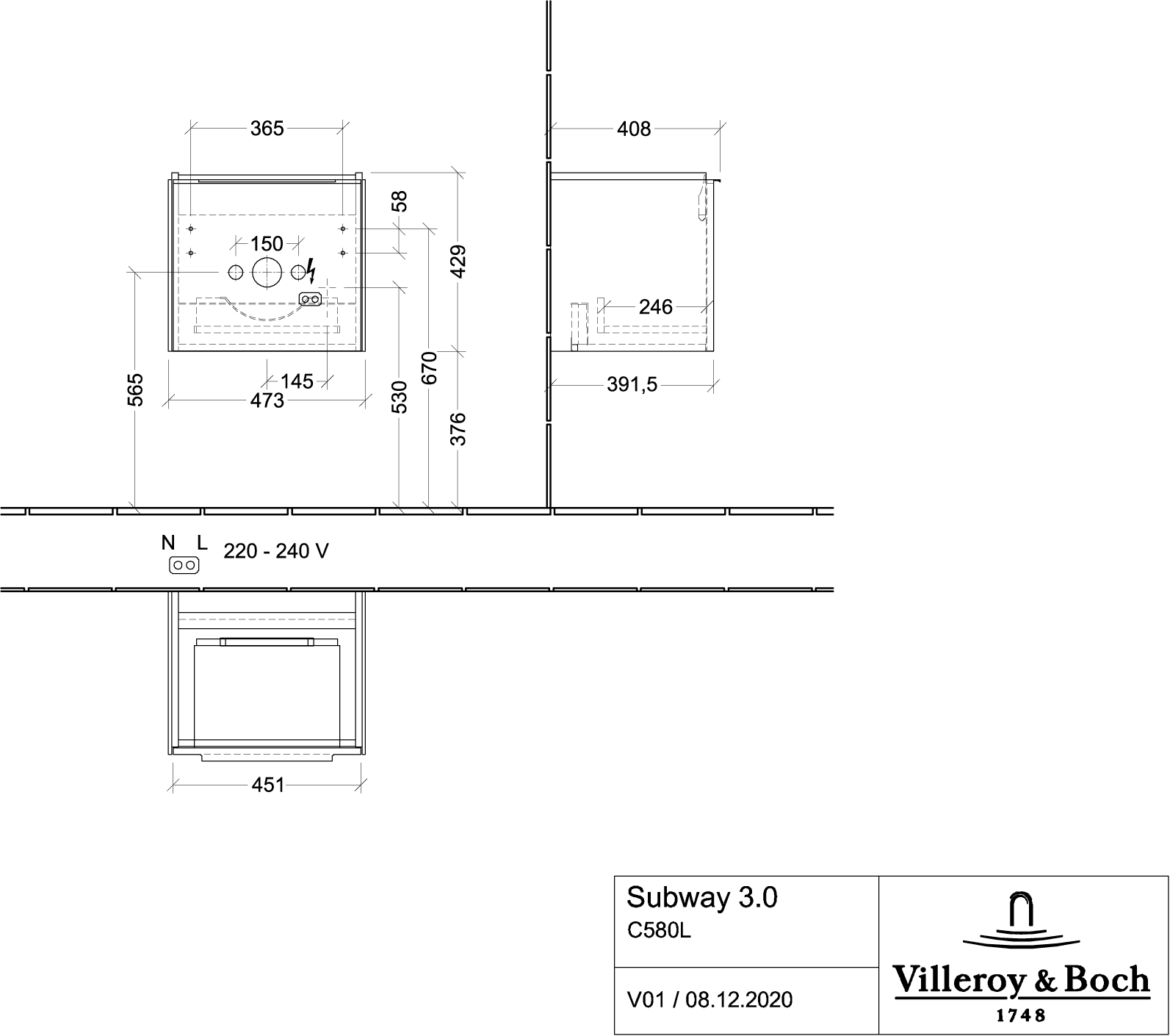 V&B Waschtisch-Unterschrank Subway 3.0 47,3x42,9x40,8cm, mit LED/Griff monochrom, taupe