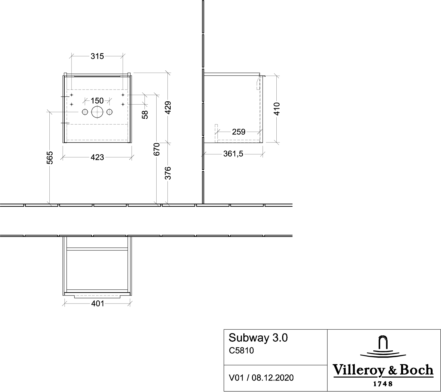 V&B Waschtisch-Unterschrank Subway 3.0 42,3x42,9x37,8cm, Schanier links/Griff Aluminium glänzend, volcano black