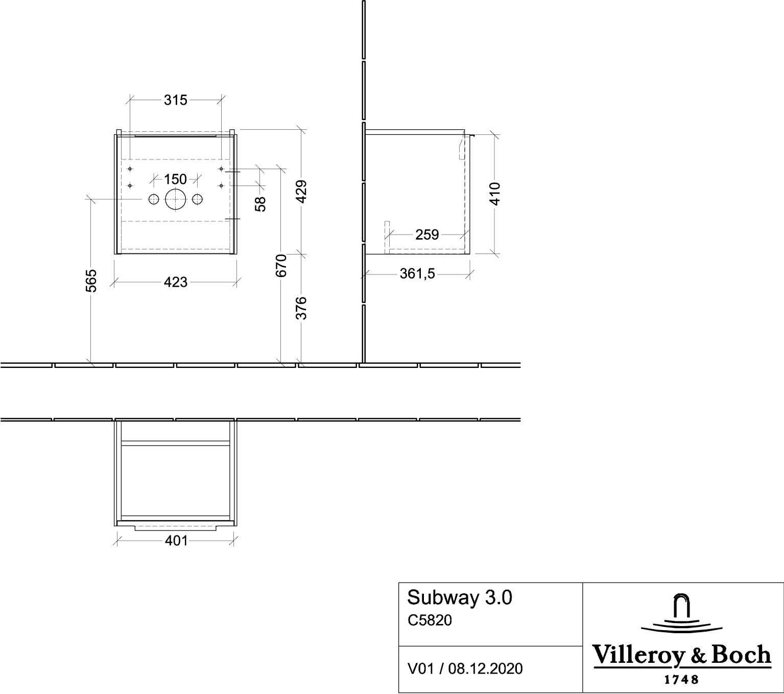 V&B Waschtisch-Unterschrank Subway 3.0 42,3x42,9x37,8cm, Schanier rechts/Griff Aluminium glänzend, taupe