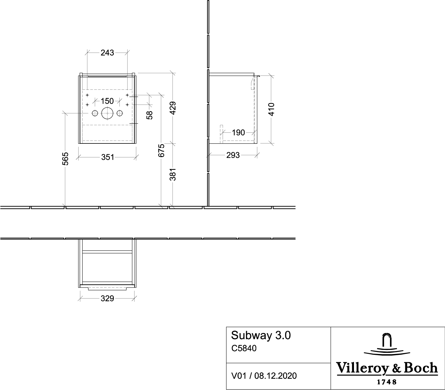 V&B Waschtisch-Unterschrank Subway 3.0 35,1x42,9x30,9cm, Schanier rechts/Griff Aluminium glänzend, graphite