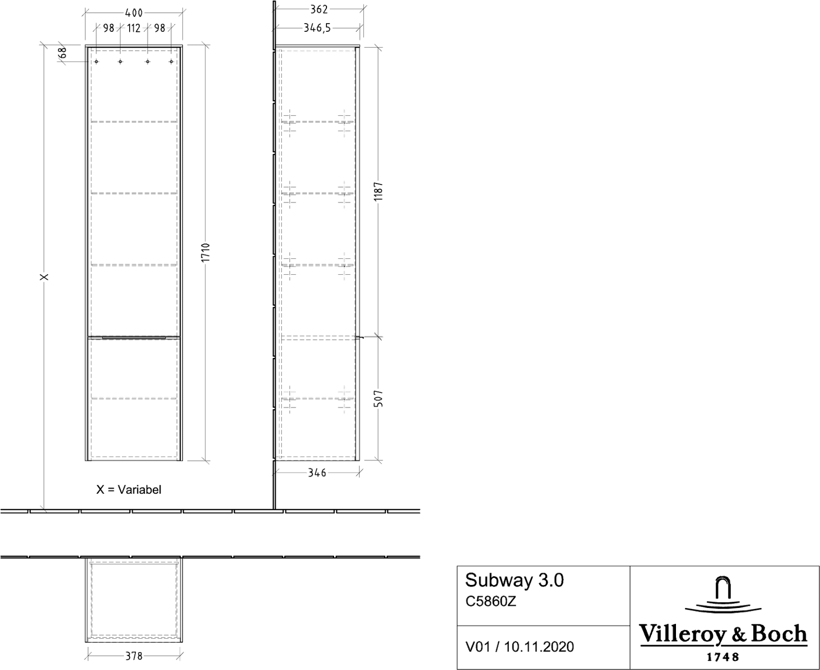 V&B Hochschrank Subway 3.0 40x171x36,2cm, Schanier links/Griff Volcano black, pure white
