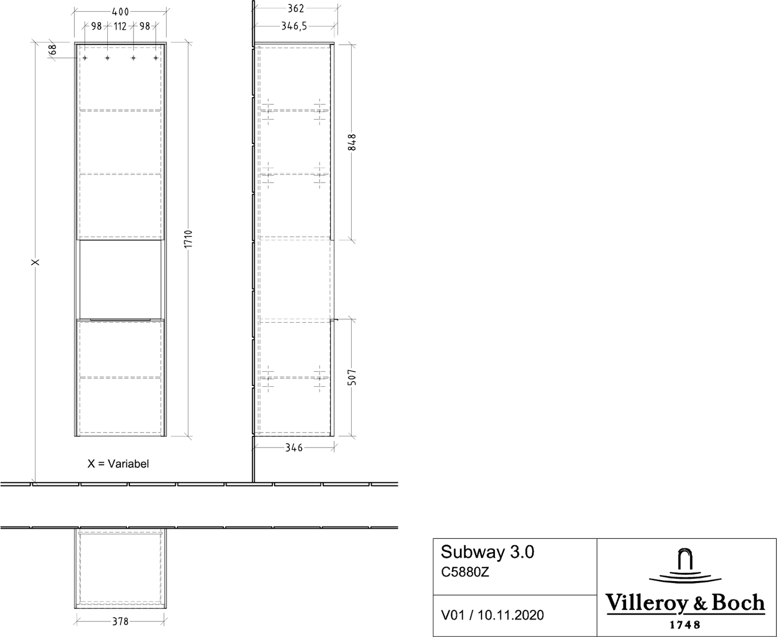 V&B Hochschrank Subway 3.0 40x171x36,2cm, Schanier links/Griff Aluminium glänzend, stone oak