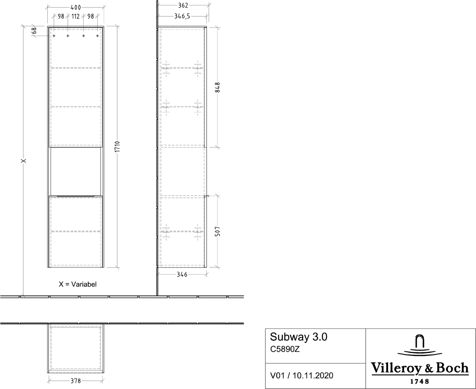 V&B Hochschrank Subway 3.0 40x171x36,2cm, Schanier rechts/Griff Aluminium glänzend, cashmere grey