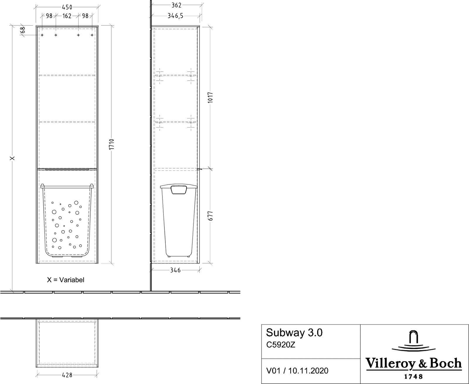 V&B Hochschrank Subway 3.0 40x171x36,2cm, Schanier links/Griff Volcano black, pure white