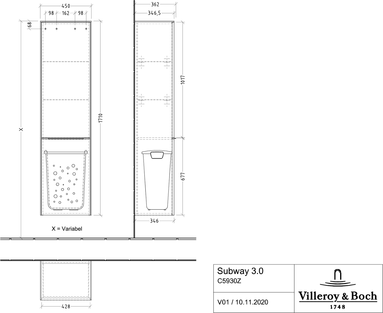 V&B Hochschrank Subway 3.0 40x171x36,2cm, Schanier rechts/Griff Volcano black, taupe