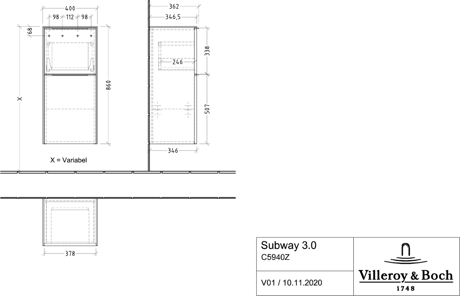 V&B Seitenschrank Subway 3.0 40x86x36,2cm, Schanier links/Griff Aluminium glänzend, cashmere grey