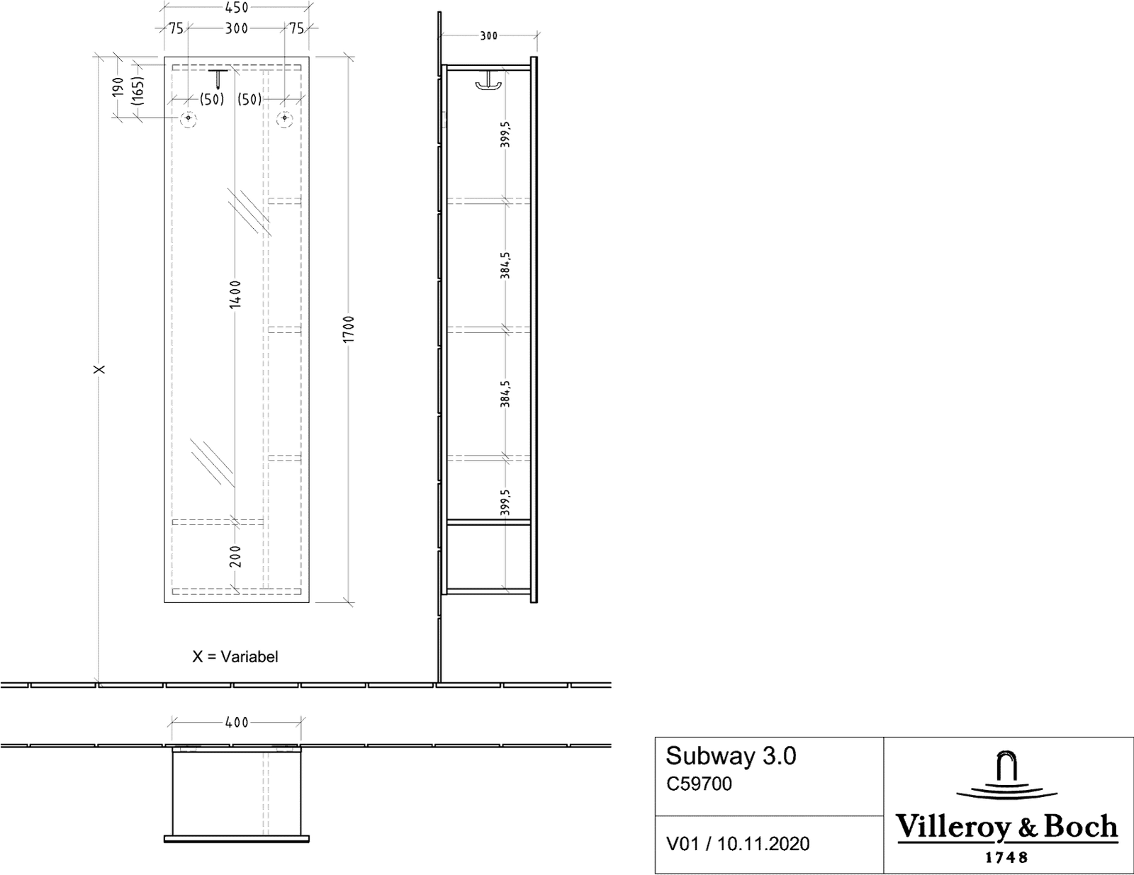 V&B Spiegelregal Subway 3.0 45x170x30cm, mit Regal rechts, brilliant white