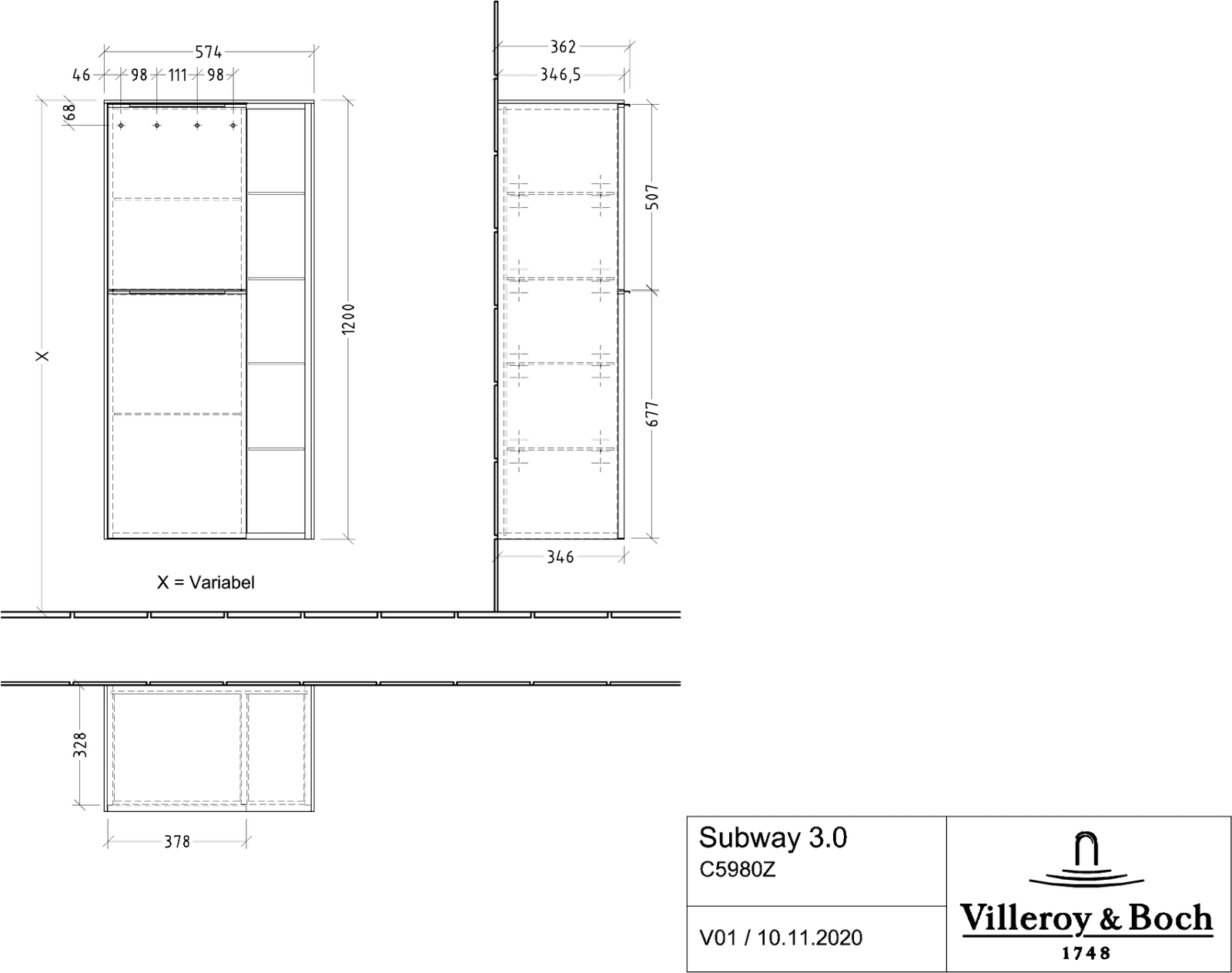 V&B Mittelschrank Subway 3.0 57,4x120x36,2cm, Schanier links/Griff Aluminium glänzend, volcano black