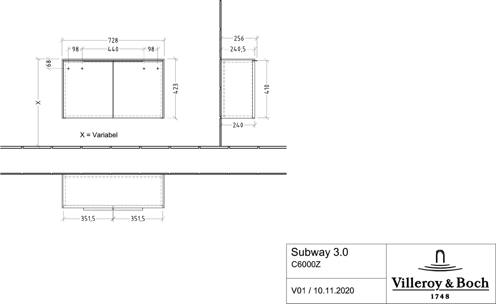 V&B Sideboard Subway 3.0 72,8x42,3x25,6cm, Griff Aluminium glänzend, stone oak