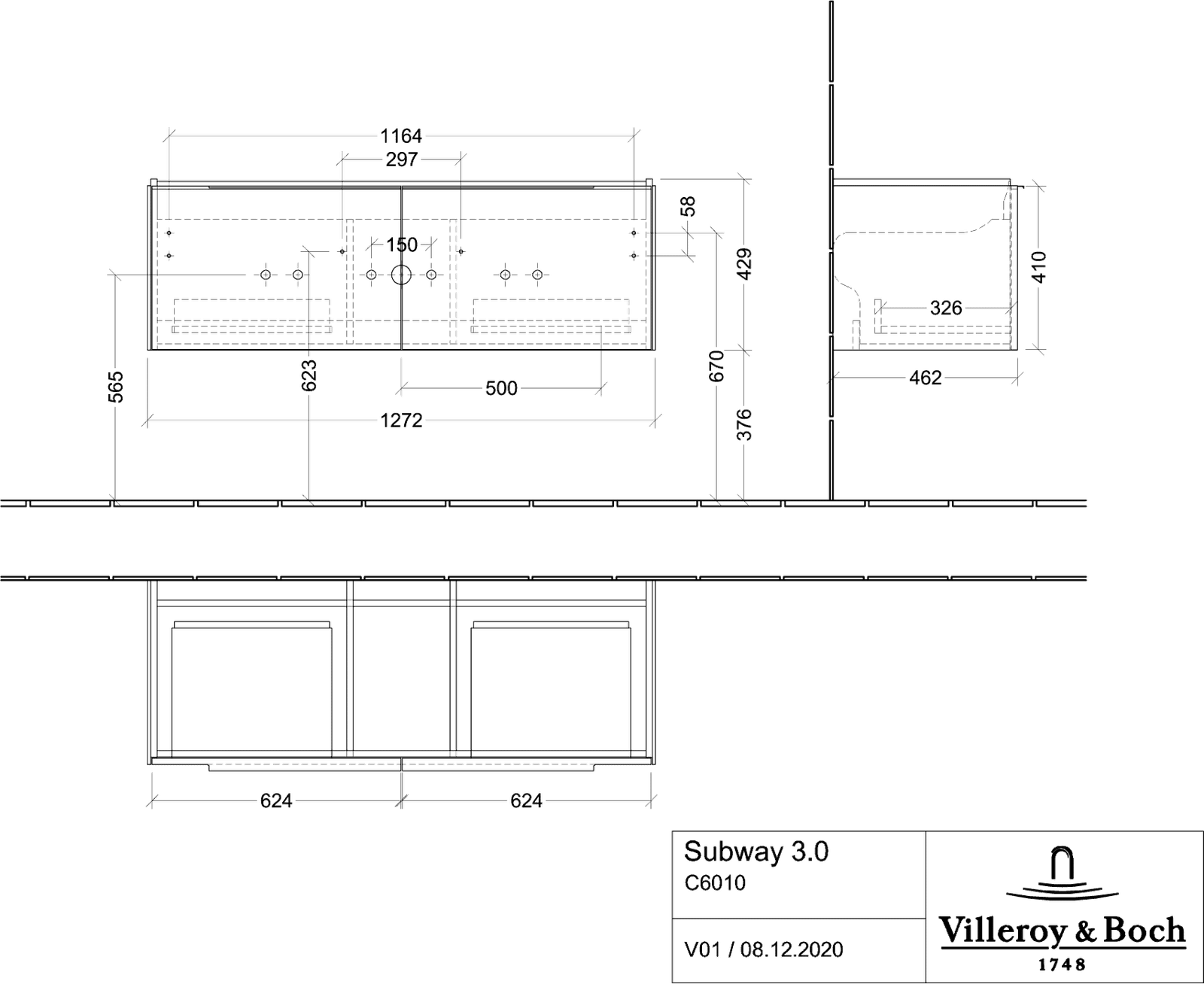 V&B Waschtisch-Unterschrank Subway 3.0 127,2x42,9x47,8cm, ohne LED/Griff Aluminium glänzend, pure white