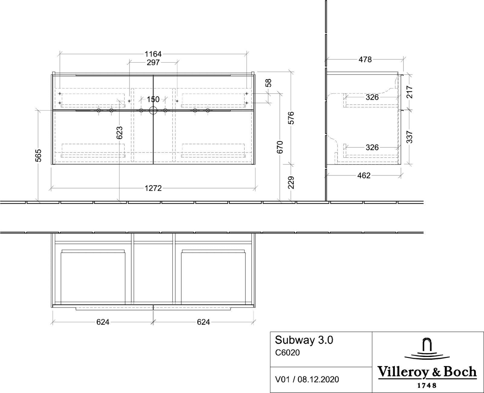 V&B Waschtisch-Unterschrank Subway 3.0 127,2x57,6x47,8cm, ohne LED/Griff Volcano black, kansas oak