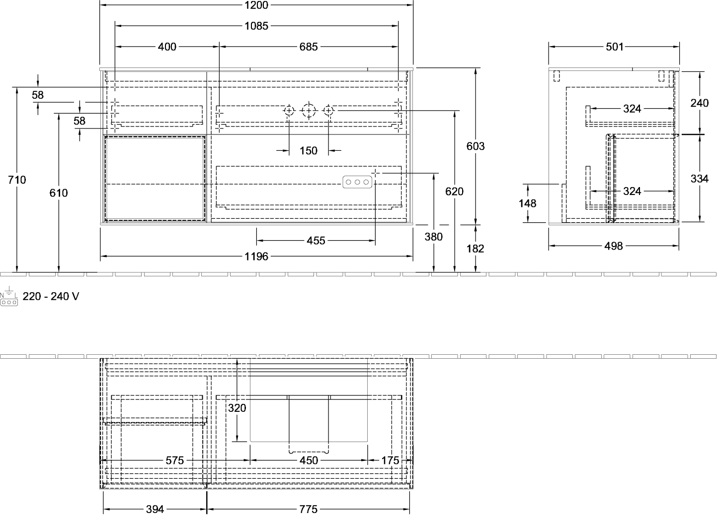 V&B Waschtisch-Unterschrank Abdeckplatte Glass Black Matt Finion 120cm, Regal links Gold matt, Oak Veneer