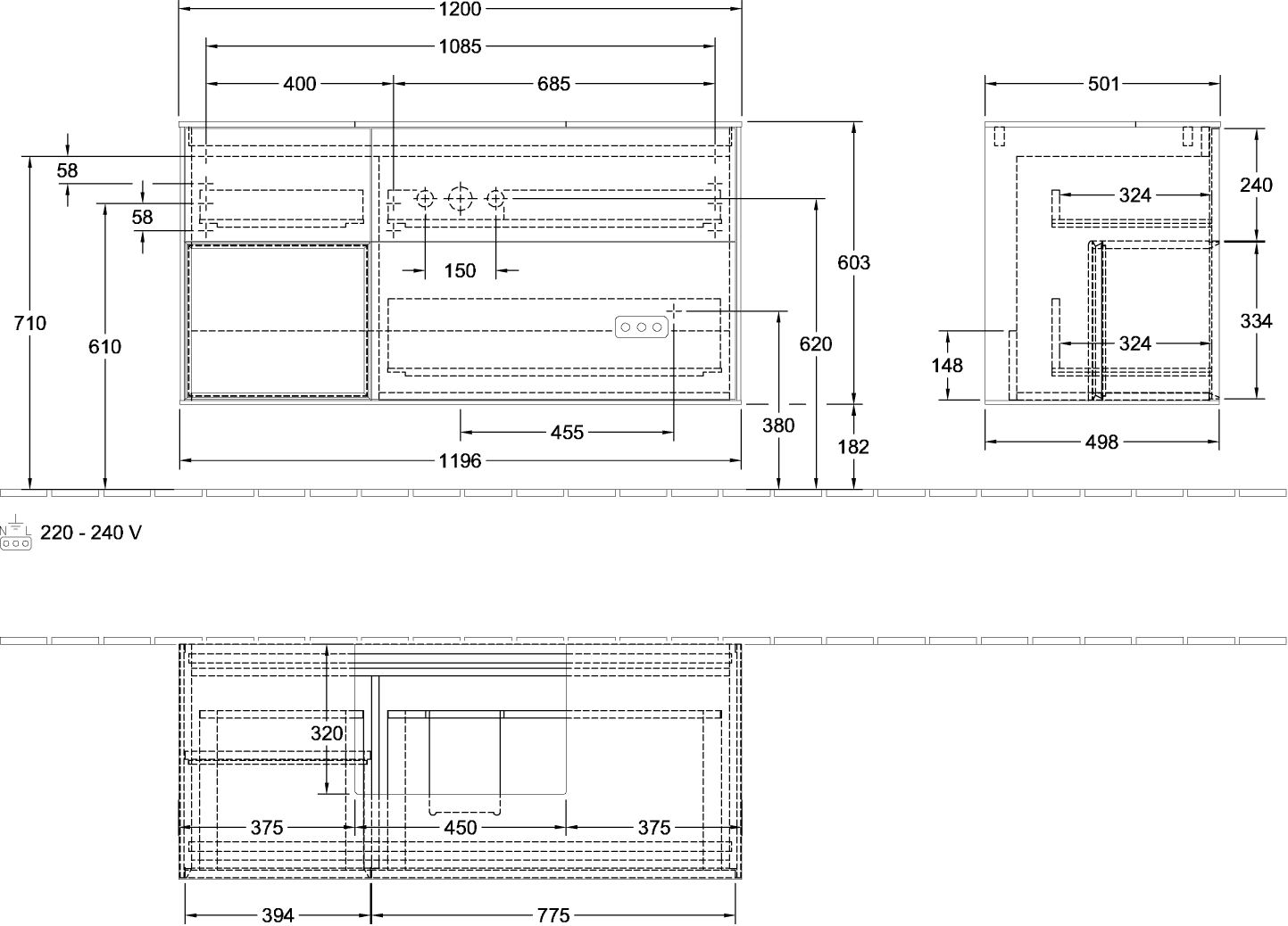 V&B Waschtisch-Unterschrank Finion 120cm, Abdeckplatte black matt, Regal links Olive Matt Lacquer, Walnut veneer