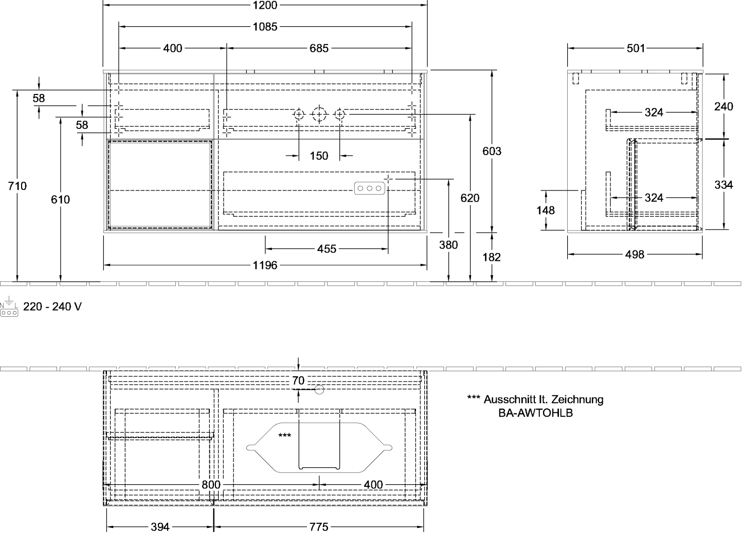 V&B Waschtisch-Unterschrank Finion 120cm, Abdeckplatte white matt, Regal links Black matt lacquer, Anthracite matt