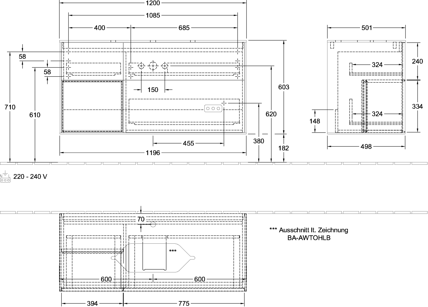 V&B Waschtisch-Unterschrank Finion 120cm, Abdeckplatte black matt, Regal links Peony, Glossy white lacquer