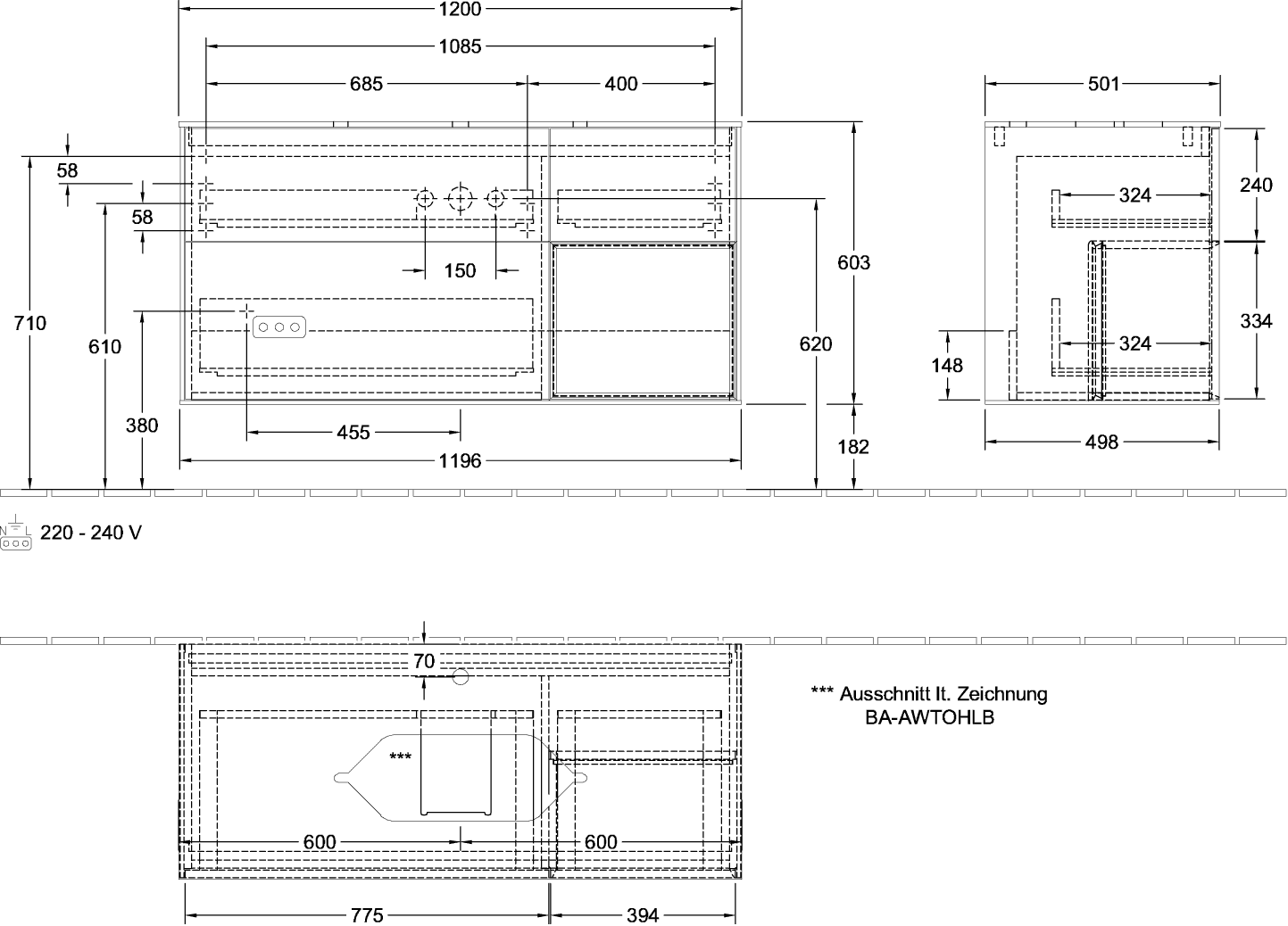 V&B Waschtisch-Unterschrank Finion 120cm, Abdeckplatte black matt, Regal rechts Peony, Walnut veneer