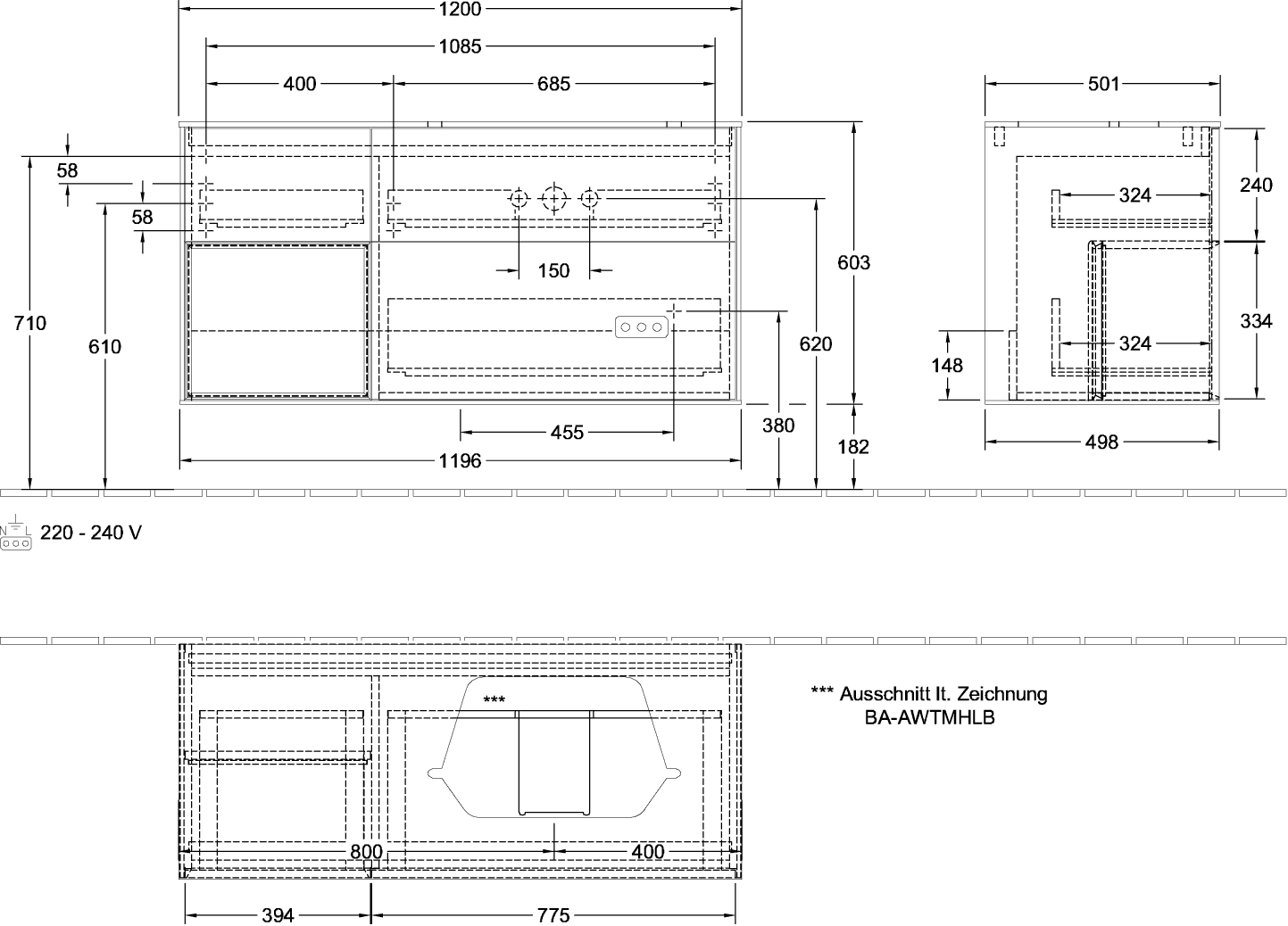 V&B Waschtisch-Unterschrank Finion 120cm, Abdeckplatte black matt, Regal links Anthracite matt, Oak Veneer