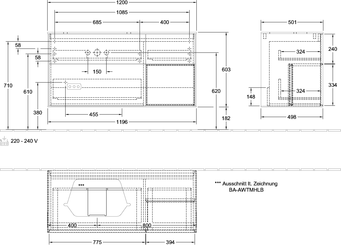 V&B Waschtisch-Unterschrank Finion 120cm, Abdeckplatte black matt, Regal rechts Olive Matt Lacquer, Olive Matt Lacquer
