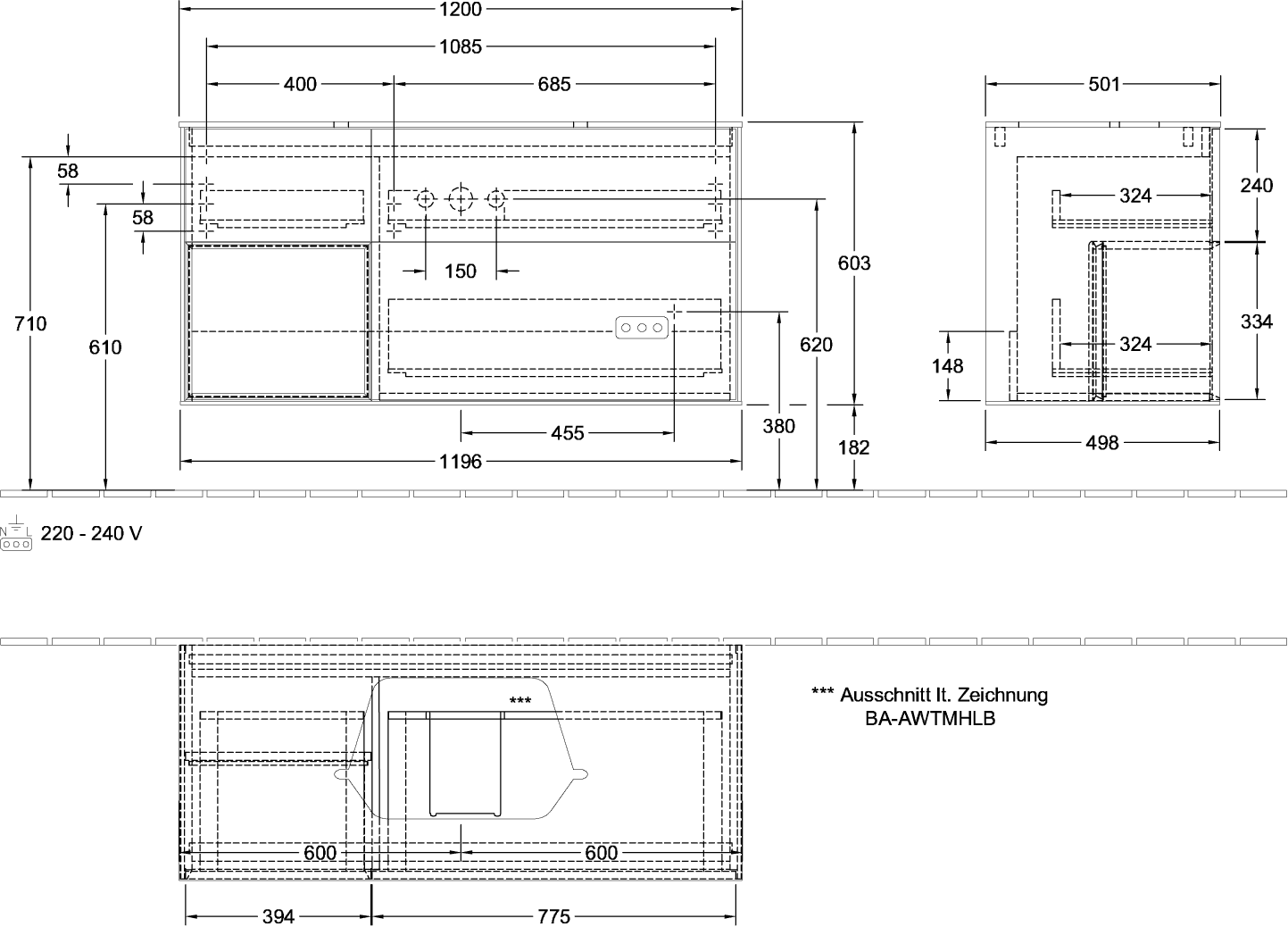 V&B Waschtisch-Unterschrank Finion 120cm, Abdeckplatte black matt, Regal links Olive Matt Lacquer, Oak Veneer