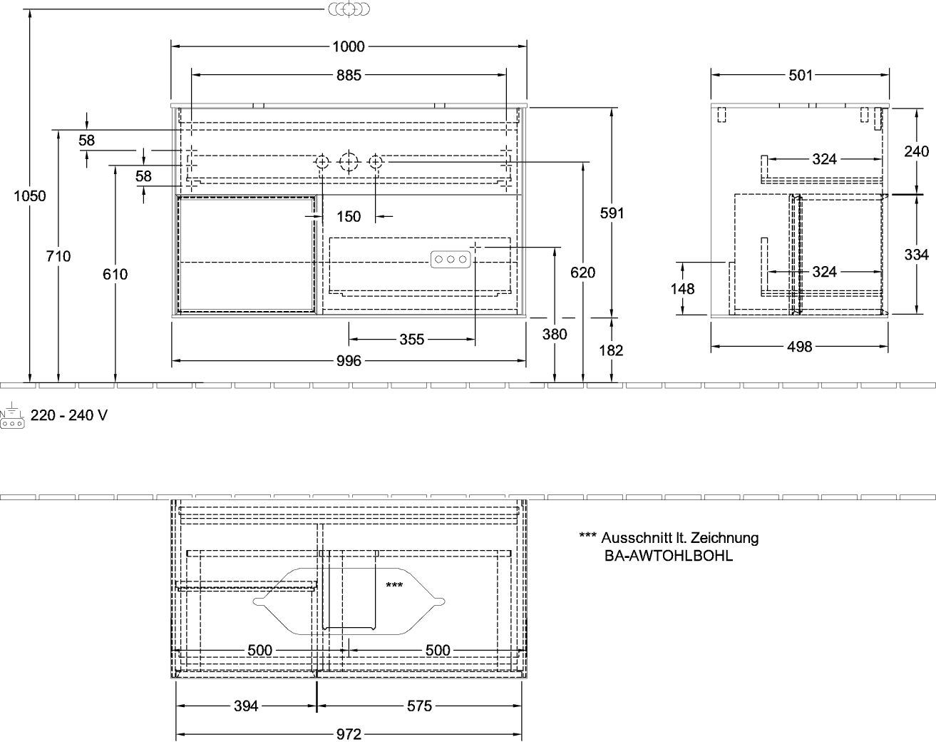 V&B Waschtisch-Unterschrank Finion 100x60,3x50,1cm, Regal links Glossy white lacquer, White matt lacquer