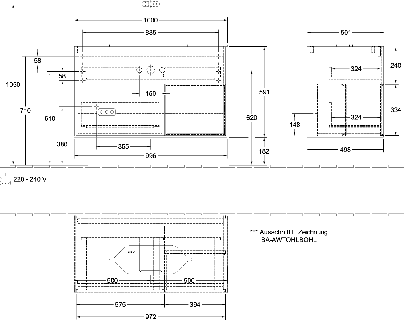 V&B Waschtisch-Unterschrank Finion 100x60,3x50,1cm, Regal rechts White matt lacquer, Walnut veneer